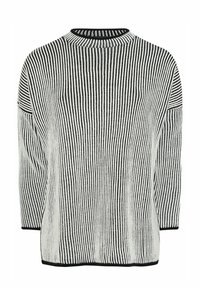 Maglione a righe bianche e nere con collo rotondo e maniche a tre quarti. Presenta un maglione a punto texturizzato e un bordo nero a contrasto.