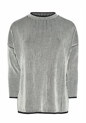 Mustavalkoraidallinen neulepaita, jossa on pyöreä kaula-aukko ja kolmannespituiset hihat. Ominaisuuksiin kuuluu teksturoitu neulominen ja kontrastivärinen musta reunus.