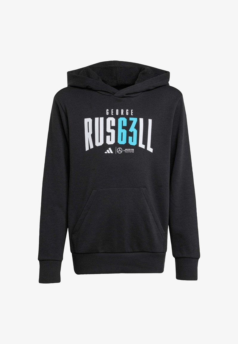 Schwarzer Kapuzenpullover mit einer Vordertasche, der weißen und türkisfarbenen grafischen Schrift "GEORGE RUS63LL" zeigt. Hergestellt aus weichem Stoff, mit einer verstellbaren Kapuze.