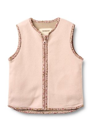 Lys lyserød ærmeløs fleecervest med blomsterkant rundt ærmegab, lynlås, halsudskæring og kant, med mærket "WHEAT" inde i kraven.