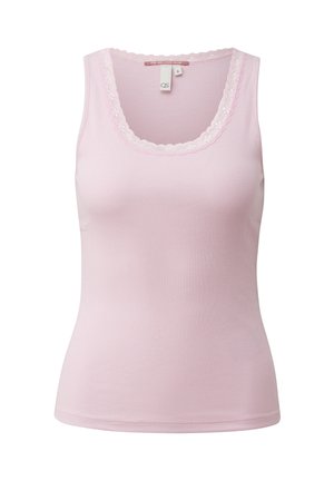 Top a canotta rosa chiaro a coste senza maniche con bordo in pizzo smerlato intorno allo scollo a U, etichetta taglia piccola visibile all'interno del collo.