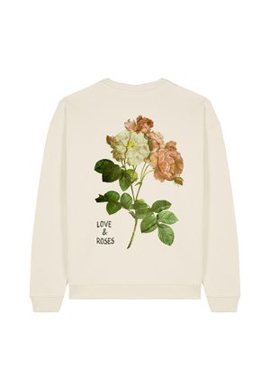 Sweatshirt couleur crème avec un design floral comprenant des roses roses et blanches, des feuilles vertes, et le texte "AMOUR & ROSAS" en noir.