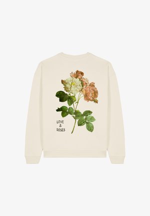 Crème-kleurige sweatshirt met een bloemenontwerp met roze en witte rozen, groene bladeren en de tekst "LOVE & ROSES" in zwart.