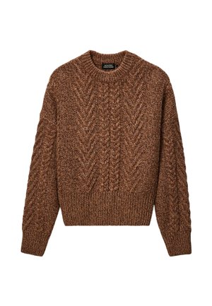 Un pull en maille marron avec un motif de câbles texturés, un col rond et un ourlet et des poignets côtelés. Fabriqué en fil doux et épais.