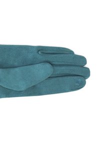 Guanti in suede turchese con tre dita visibili, dettaglio di cucitura singola e decorativo fiore sul polso. Texture liscia, design su misura.