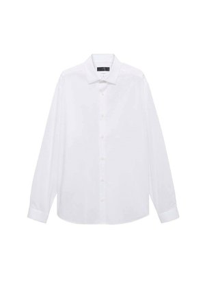 Camicia bianca a maniche lunghe con colletto classico, chiusura frontale a bottoni e orlo arrotondato. Realizzata in tessuto liscio con una trama semplice.