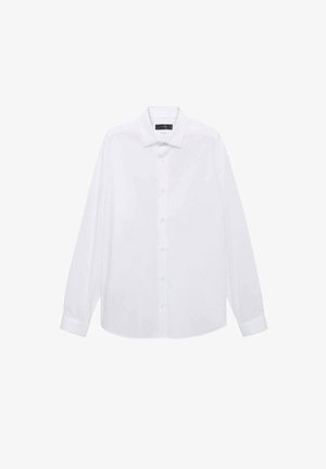Camicia bianca a maniche lunghe con colletto classico, chiusura frontale a bottoni e orlo arrotondato. Realizzata in tessuto liscio con una trama semplice.