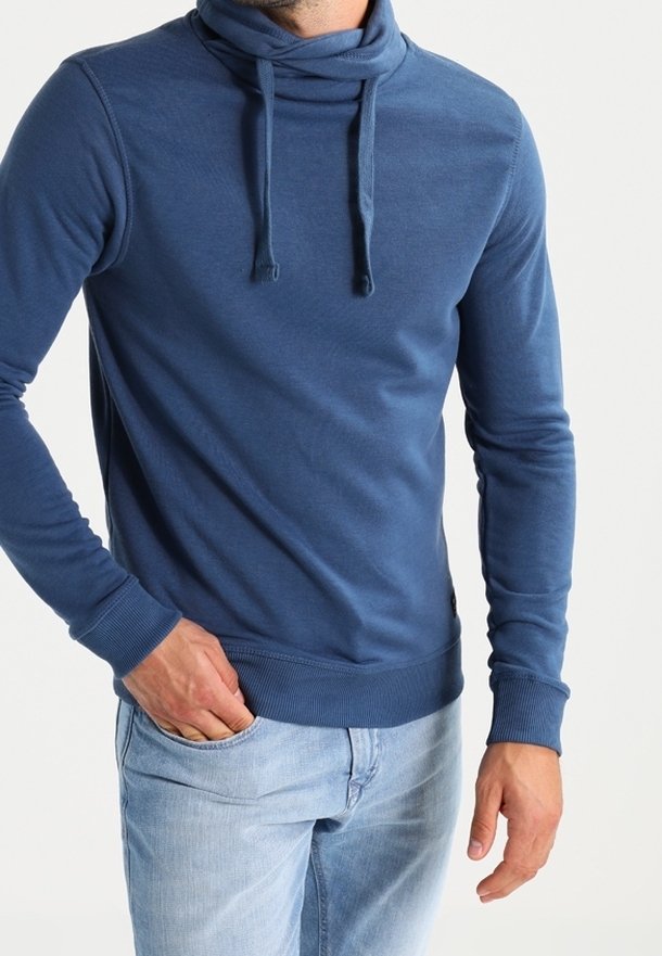 Blue long-sleeve sweatshirt with a funnel neck, drawstrings, ribbed cuffs, and hem. Made from soft fabric, featuring a smooth texture.