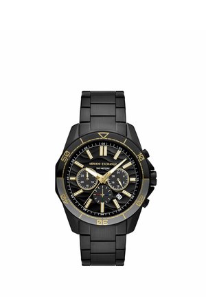Czarny stalowy zegarek z ośmiokątną kopertą. Złote i srebrne akcenty na czarnej tarczy, funkcje chronografu oraz okno daty. Wodoodporny do 100 metrów.