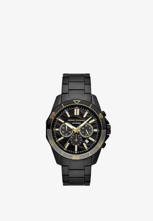 Sorte rustfrit stål armbåndsur med octagonal urkasse. Guld- og sølv detaljer på den sorte urskive, chronograph funktioner og datovindue. Vandtæt op til 100 meter.