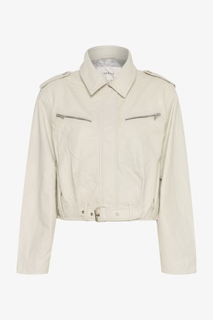 Cropped light beige leather jacket with a collared neck, two zippered chest pockets, and a belted waist. Features smooth texture and minimal hardware.