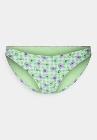 Parte de baixo de bikini verde com um padrão floral em rosa e amarelo sobre um fundo quadriculado. Textura suave e design de cobertura moderada.