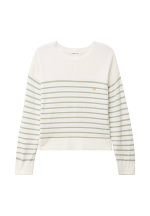 Weißer Pullover mit horizontalen grünen Streifen, rundem Ausschnitt und kleinem Herz-Emblem auf der Brust. Lange Ärmel, lockere Passform.
