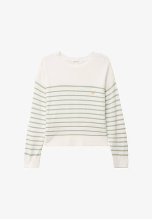 Witte pullover sweater met horizontale groene strepen, een ronde halslijn en een klein hartembleem op de borst. Lange mouwen, ontspannen pasvorm.