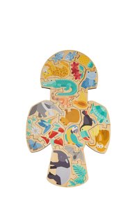 Wooden puzzle shaped like a person, featuring colorful animal illustrations. Various textures with a natural wood finish surround the pieces.