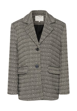 Mustvalge herringbone-mustriga bleiser, millel on narmastik, kaks esist kohta ja kaks nööpi. Tekstuuriga kanga, tavaline lõige.