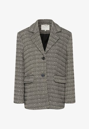 Mustavalkoinen herringbone-kuvioinen bleiseri, jossa on kahtena napittajana. Kaksi etutaskua ja säännöllinen istuvuus. Teksturoitu kangas.