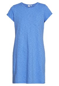 Blå kortärmad klänning i texturerad bomull, med rund halsringning och bröstficka, i avslappnad passform och knä-lång längd.