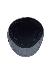 Casquette rayée bleu et blanc avec une forme arrondie, dotée d'une doublure intérieure sombre et de détails de coutures visibles. Comprend un bouton de fermeture sur le côté.