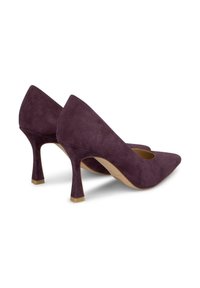 Purple suede high heel shoes with a pointed toe and a unique rounded heel design. Smooth texture with minimal detailing.