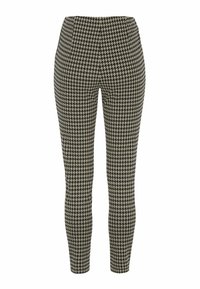 Slim-fit broek met zwart en beige houndstoothpatroon, hoge taille en enkel-lange snit.