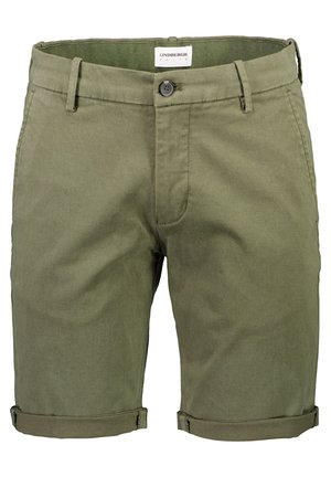 Oljčno zelene bombažne kratke hlače z gumbom spredaj, zvitimi robovi in oznako znotraj pasu. Oblika spredaj brez vidnih žepov.