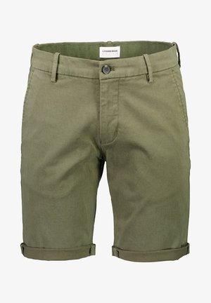 Olive zöld pamut rövidnadrág gombos záródással, felgöngyölt szárakkal és belső derékrészen címkével. Lapos elülső kialakítás, látható zsebek nélkül.