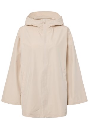 Smėlio spalvos gobtuvu lietpaltis su priekiu užtrauktuku ir dviem šoniniais kišenėmis, sukurtas laisvam prigludimui ir lengvai apsaugai nuo vėjo bei lietaus.
