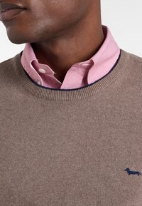 Maglione marrone a maglia con scollatura a girocollo e bordi blu navy, indossato sopra una camicia rosa chiaro a bottoni. Presenta un piccolo dettaglio del logo blu navy.