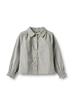 Blouse enfant à manches longues gris clair avec boutons en bois, col claudine et poignets élastiqués smockés avec volants.