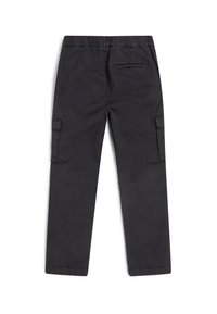 Svarta bomullscargo-byxor med elastisk midja, försedd med sidofickor och en bakficka, slät textur och tapered bendesign.