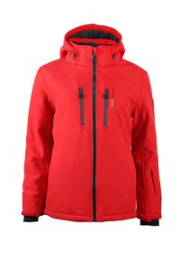 Veste softshell rouge avec une fermeture éclair à l'avant, deux poches poitrine zippées et une capuche ; texture lisse avec des accents noirs contrastants.