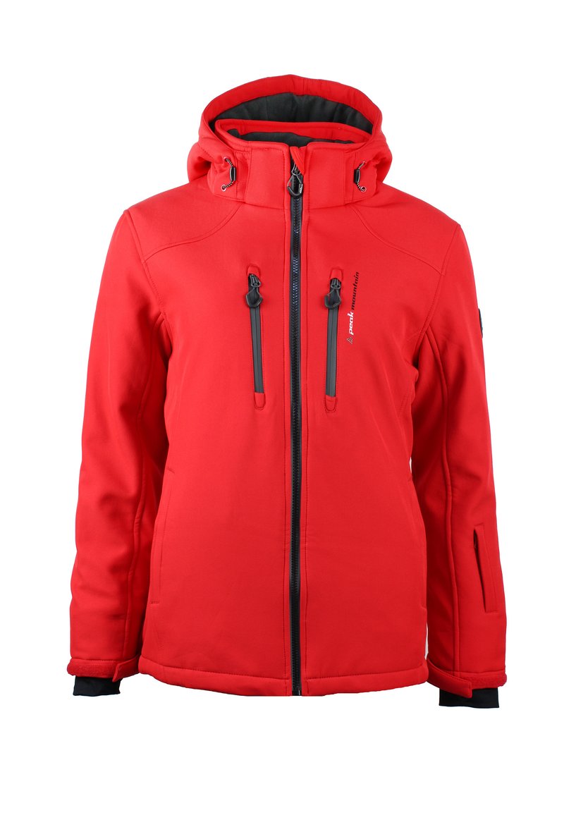 Veste softshell rouge avec une fermeture éclair à l'avant, deux poches poitrine zippées et une capuche ; texture lisse avec des accents noirs contrastants.