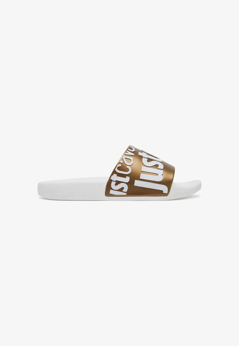 Infradito con una fascia di colore oro che presenta un bold testo bianco "Just" e "Do It", abbinato a una suola in gomma bianca.