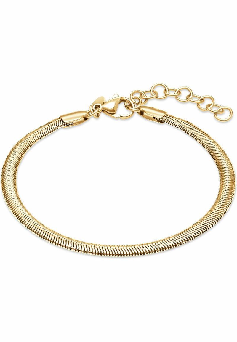 Bracciale a catena a serpente placcato in oro con una superficie liscia. Dotato di chiusura a moschettone e catena di estensione regolabile per variare le dimensioni.