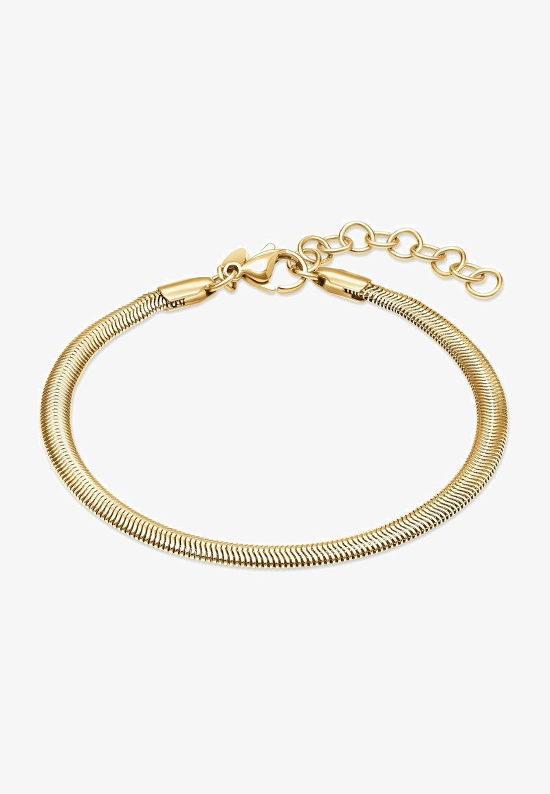 Bracciale a catena a serpente placcato in oro con una superficie liscia. Dotato di chiusura a moschettone e catena di estensione regolabile per variare le dimensioni.