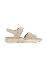 Beige sandal with suede and woven fabric upper, adjustable strap, cushioned insole, and flexible white rubber outsole.