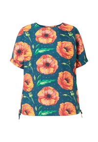 Kortærmet top med en teal bund, der har livlige orange valmueblomster mønstre, en rund halsudskæring og sidesnørre detaljer.