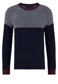 Navy sweater with white zigzag pattern at the top, maroon ribbed accents on cuffs and neckline, soft knit texture, crew neck design.