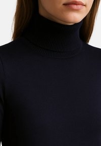 Pull à col roulé bleu marine avec une texture côtelée, présentant un col haut et une coupe ajustée au niveau du col et des épaules.