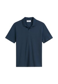 Navyblauwe polo gemaakt van gladde stof, voorzien van een klassieke kraag, korte mouwen en een rechte zoom, geschikt voor casual gebruik.