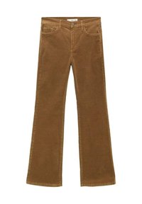 Brown corduroy flared pants with a button front, five pockets, and belt loops. Smooth texture with vertical ribbed pattern throughout.