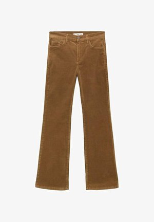 Braune Corduroy Schlaghosen mit Knopfleiste, fünf Taschen und Gürtelschlaufen. Glatte Textur mit vertikaler Rippstruktur.