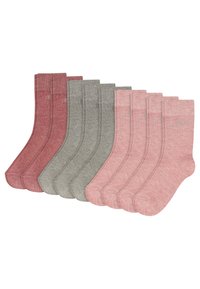 Zestaw ośmiu skarpet w różnych odcieniach czerwonego i szarego. Miękka tkanina, długość do połowy łydki, prążkowane mankiety oraz subtelny wzór logo na każdej z nich.