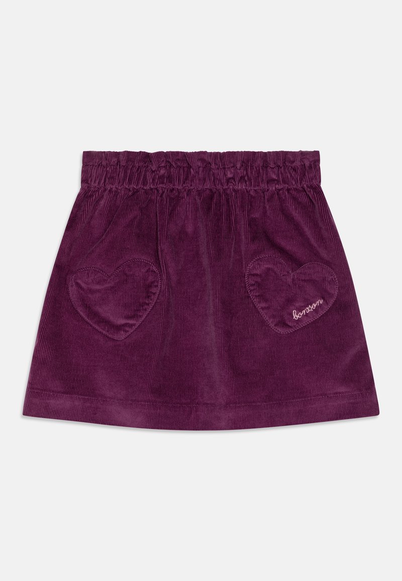 Purple corduroy skirt with elastic waistband, featuring two heart-shaped pockets, one adorned with embroidered text "bonsoir."