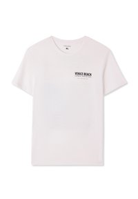 T-shirt bianco a maniche corte in cotone. Presenta un logo nero "Venice Beach" nell'area sinistra del petto. Texture semplice e liscia.