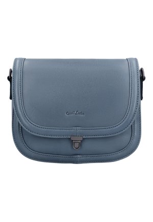 Kompakte blaue Ledertasche zum Umhängen mit Klappe und kleinem Metallverschluss auf der Vorderseite.