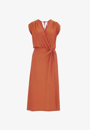 Raund-kollane mähkme kleit lühikeste varrukatega, V-kaelusega ja sõlmega detailiga vööl, valmistatud pehmest, tekstuuritud kangast.