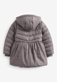Veste rembourrée grise pour enfant avec capuche, motifs étoiles dorées et taille froncée, vue de dos.