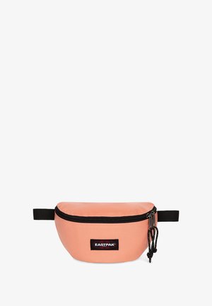 Peach-colored waist bag made of durable fabric, featuring a zip closure, black strap, and a logo patch on the front. Compact and streamlined design.